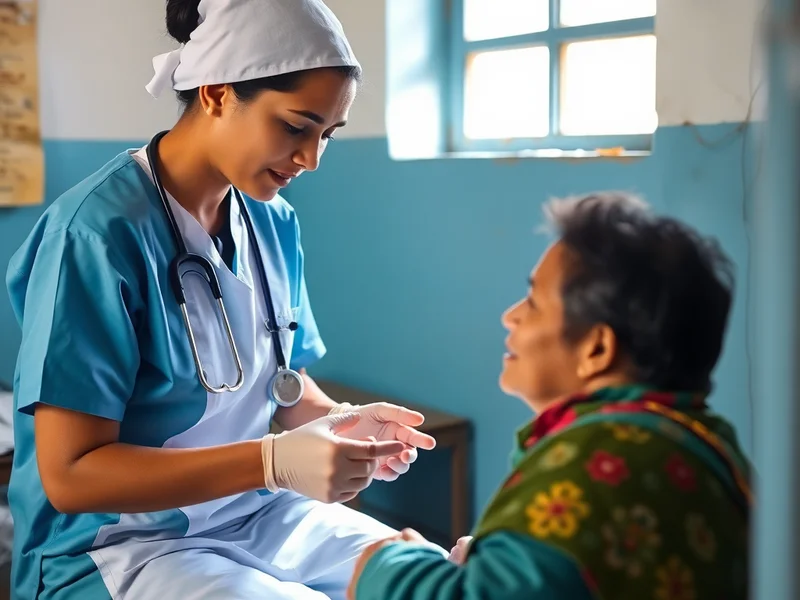Warm, authentic photo of a local nurse treating a patient in a clean, modest rural clinic in Nepal, natural lighting