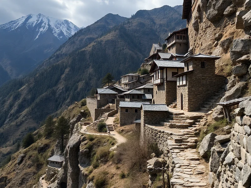 Remote Himalayan village perched on mountainside with traditional stone houses